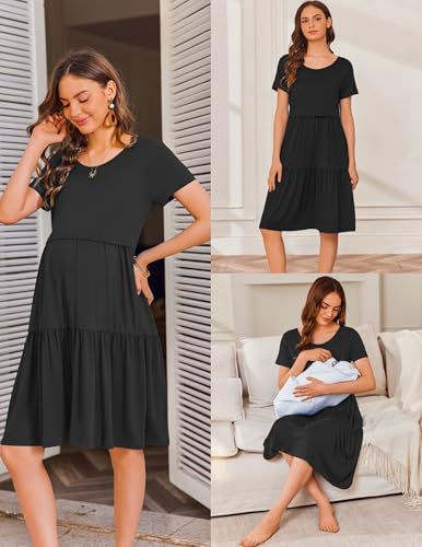 Maternity Dress Summer Short Sleeve Casual Nursing Dresses Breastfeeding - color: Black, size: Medium