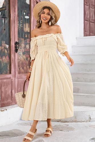 R.Vivimos Women Summer Cotton A Line Flowy Long Dresses - color: Beige#2, size: Large