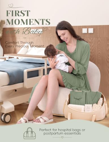 Maternity Nursing Gown & Robe Set, Ruffle Labor Delivery Nightgowns - color: Sage Green, size: Medium