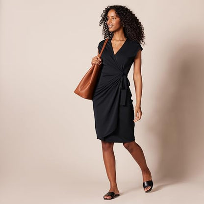 Amazon Essentials Women's Classic Cap Sleeve Wrap Dress with V Neck, Pleated Waist (Available in Plus Size) - color: Black, size: 1X