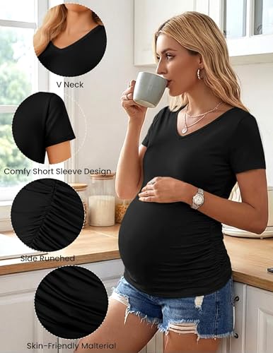 Ekouaer Maternity Shirts 4 Pack V Neck Pregnancy Clothes Summer Tops Tshirt - color: Black/Brown/Grey/White, size: Medium