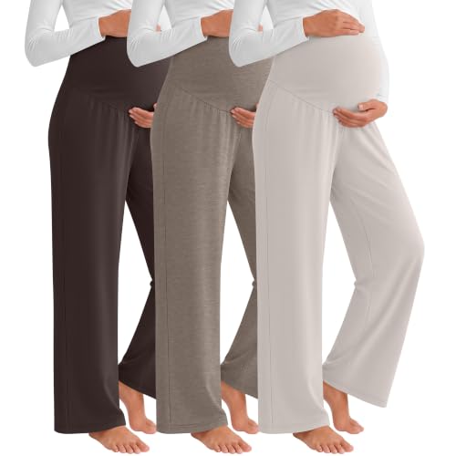 3 Pack Women's Maternity Lounge Pants Soft Sweatpants - color: Creamy Gray, Light Coffee, Brown, size: Medium
