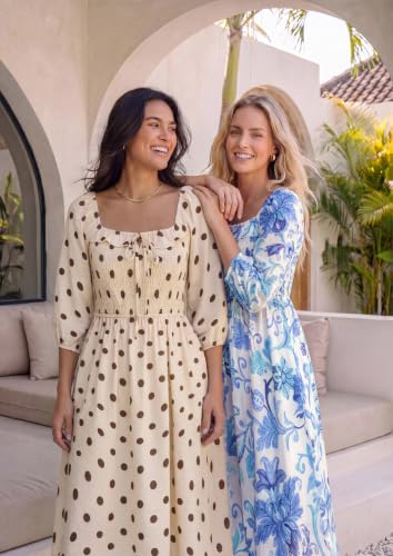 Kate Kasin Womens Summer Fall Boho Maxi Wedding Guest Dresses with Pockets - color: White and Blue Floral, size: Medium