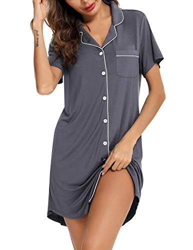 Senert Nightgowns for Women Button Down Sleeve Sleep Shirt Night Gowns - color: Gray, size: Large
