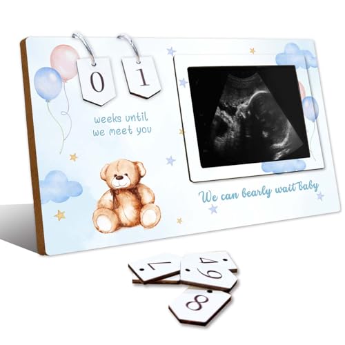 Blue Bear Baby Shower Decorations,Sonogram Picture Frame,Ultrasound Photo Frame with Baby Countdown Weeks,Sweet Gifts for New Moms and Dads,Gender Reveal Decorations and Cuddly Keepsake for Nursery - size: bear