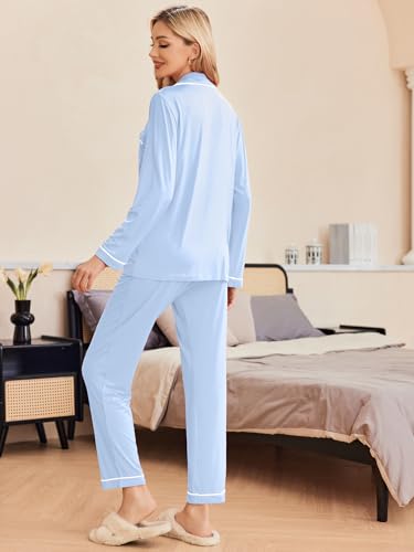 Ekouaer Pajamas Womens Long Sleeve Sleepwear Button Down Loungewear Pjs Set - color: Blue, size: X-Large