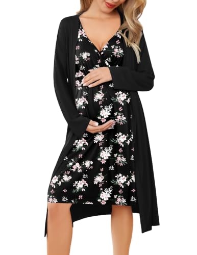 Ekouaer Maternity Nursing Gown and Robe Set Labor Delivery Nightgowns - color: Black Pink Flower, size: Medium