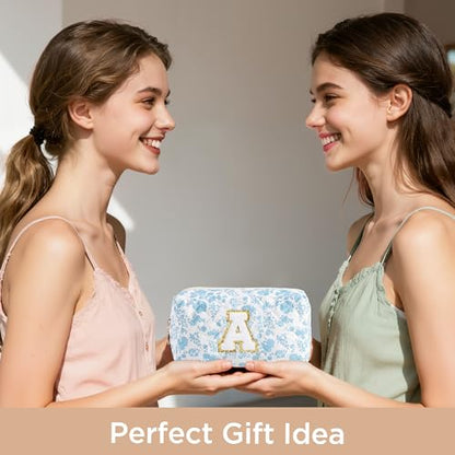 HBselect Personalized Makeup Bag for Women Initial Quilted Toiletry Bag - color: Blue Flower, size: G