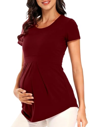 Glampunch Maternity Tops, Front Pleat Peplum Tunic Top Pregnancy Shirts - color: A2 Wine Red, size: Large