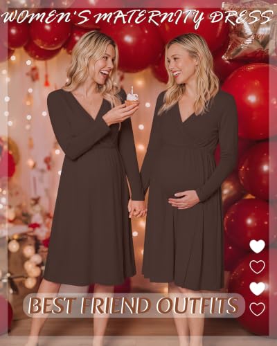 Locoowai Maternity Long Sleeve Dress Fall Wrap Nursing Dress - color: Brown, size: Medium