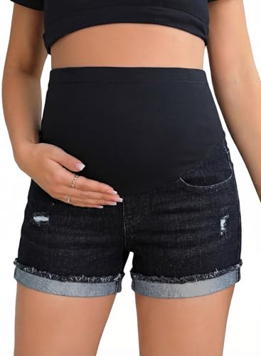 BLENCOT Maternity Jean Shorts Over Belly Stretchy Fold Hem Denim Pants - color: Black, size: Medium