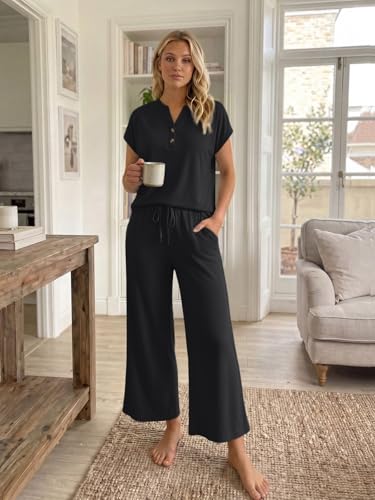 LILLUSORY Women's 2 Piece Lounge Travel Outfit - color: Black, size: Medium
