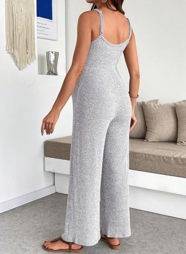 BLENCOT Maternity Ribbed Jumpsuit Stretchy One Piece Wide Leg Romper - color: Grey, size: Small