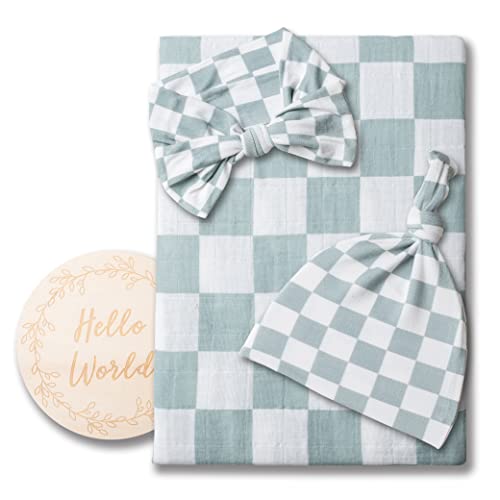 Miaoberry 100% Organic Muslin Swaddle Set| Sage Green Checkered - color: Checker Sage