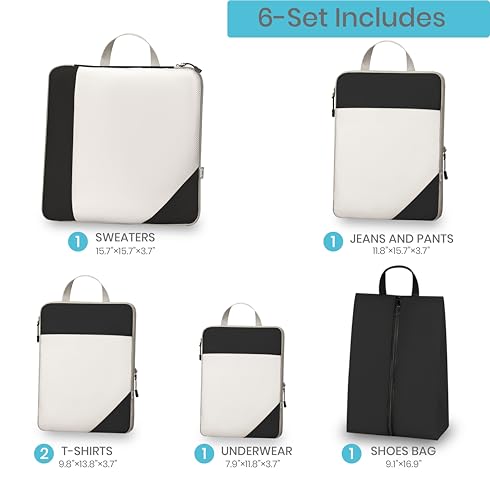 Compression Travel Packing Cubes with White Mesh, Black, 6Pcs - color: Black, size: Set of 6