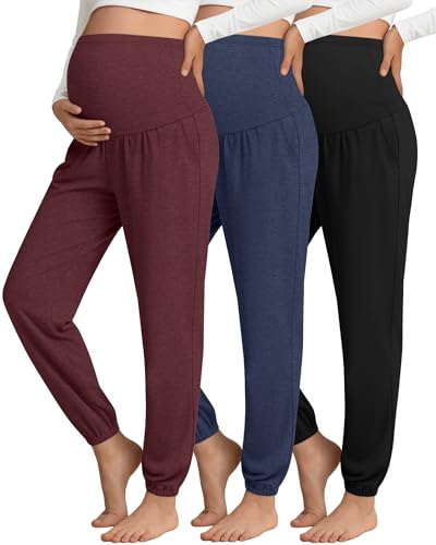3 Pack Women's Maternity Jogger Pregnancy Sweatpants - color: Wine Red,navy Blue,black, size: Large