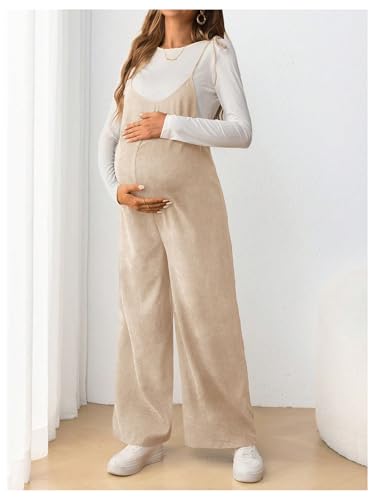 OYOANGLE Women's Maternity Overalls Spaghetti Strap Pregnancy Jumpsuits - color: Apricot, size: Small