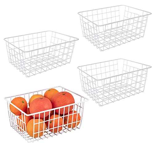 4 Pack Freezer Organizer Bins, White Wire Baskets with Handles