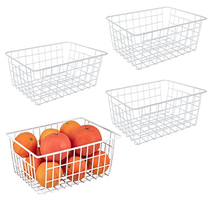 4 Pack Freezer Organizer Bins, White Wire Baskets with Handles