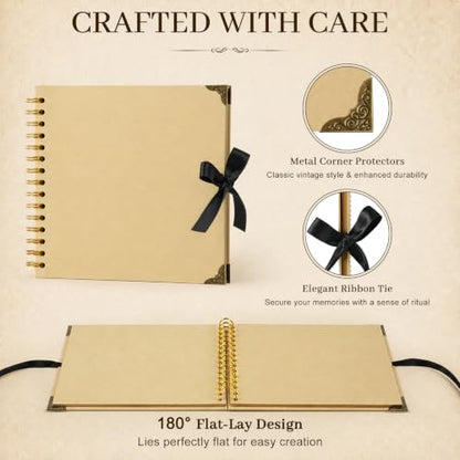 Scrapbook Photo Album 8"x8" 30 Sheets 60 Pages Kraft Paper Ribbon Closure - size: 8''x8''