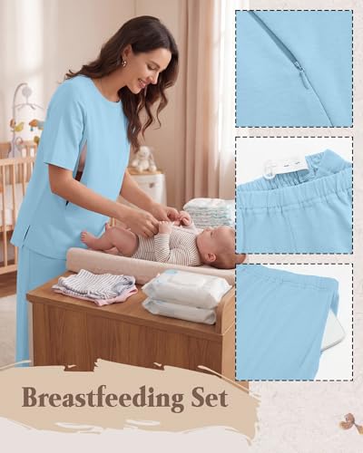 2Pc Postpartum Nursing Pajamas Set - color: Light Blue, size: Medium