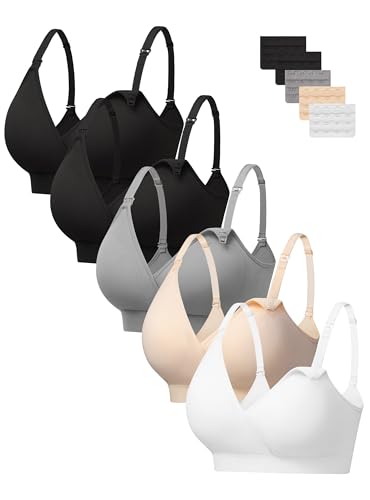 HBselect Nursing Bras for Breastfeeding, Seamless Maternity Bra Wireless - color: F: 5 Pack(black*2/White/Beige/Grey), size: Medium