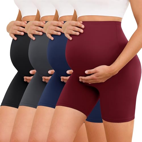 VALANDY Creamlush 4 Pack Comfy Maternity Biker Shorts Over the Belly 5" - color: 4 Packs - Black/Dark Grey/Navy Blue/Wine Red, size: X-Large