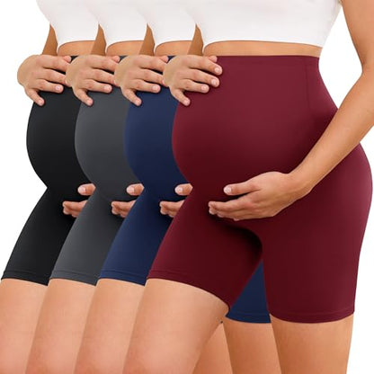 VALANDY Creamlush 4 Pack Comfy Maternity Biker Shorts Over the Belly 5" - color: 4 Packs - Black/Dark Grey/Navy Blue/Wine Red, size: X-Large