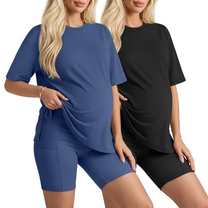 Huukeay 2 Pack Women Maternity Set Pregnancy Outfits - color: Haze Blue, Black, size: Large