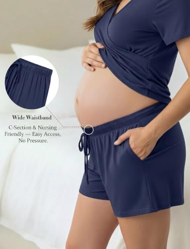 PATPAT 3-Piece Maternity Nursing Pajamas, Womens Lounge Set with Pockets - color: Navy Blue, size: XX-Large