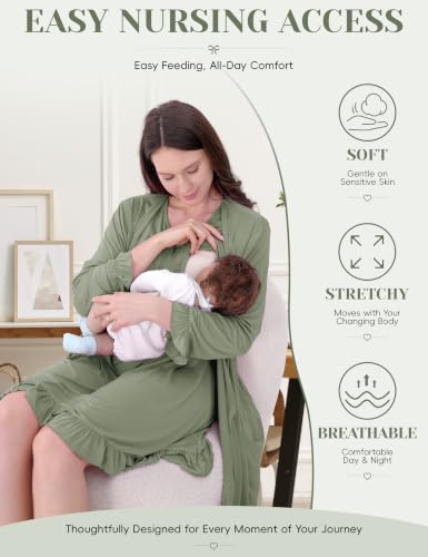Ruffle Maternity Nursing Gown & Robe Set for Hospital Loungewear - color: Sage Green, size: Medium