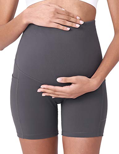 POSHDIVAH Maternity Biker Shorts Over the Belly with Pockets 5"/8" - color: Grey, size: Small