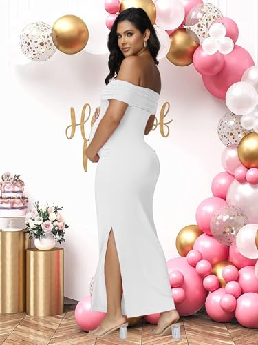 Women's Maternity Mesh Off Shoulder Party Long Dress Baby Shower - color: White, size: Medium