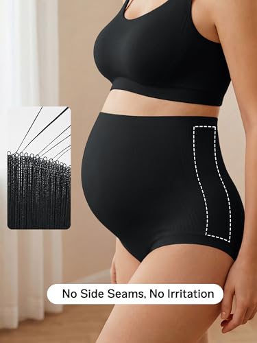 OUGES Women’s Modal 3 Pack Seamless Maternity Underwear Over Belly Stretchy High Waist Soft Pregnancy Postpartum Panties - color: Black+black+nude, size: Large
