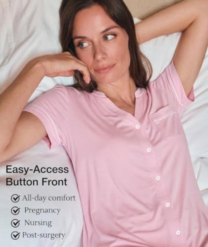 GYS Bamboo Viscose Nightgowns for Women Soft Button Down Sleep Shirt - color: Pink, size: Medium