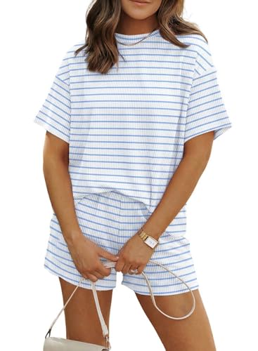 MARZXIN Women 2 Piece Short Set with Vertical Stripes Summer Cruise Outfits - color: Blue Stripe, size: Medium