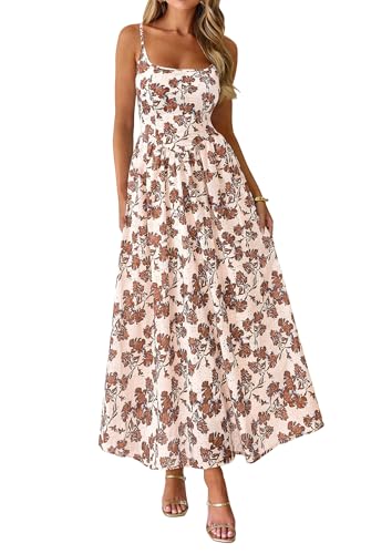 PRETTYGARDEN Women's Summer Boho Maxi Dress A Line Eyelet Floral Sundresses - color: Floral Apricot Brown, size: Large
