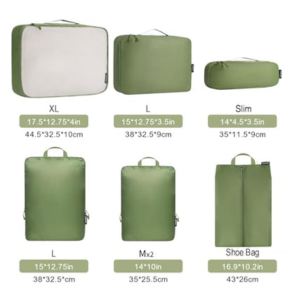 Bagail Ultralight Compression Cubes 7 Set - 3 Packing Cubes, 3 Organizers, and 1 Shoe Bag - color: The Matcha, style: Cloth Pattern
