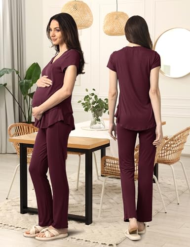 SUNNYBUY 3 PCS Maternity Breastfeeding Pajamas Set with Hidden Nursing Top - color: Burgundy, size: Small