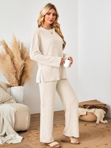 Kikibell Womens Sets 2 Piece Outfits Matching Lounge Set Cozy Knit Pajamas - color: Apricot, size: Medium