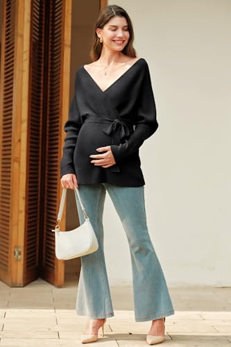 OUGES Womens Soft Cotton Blend Maternity Sweater Wrap V Neck Long Sleeve V Back Fall Shirts Pregnancy Outfits with Belt - color: Black, size: XX-Large