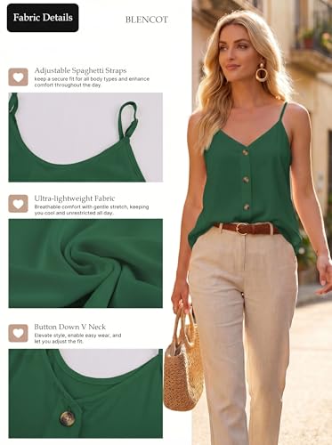 BLENCOT Womens Summer Spaghetti Strap Tank Tops Button Casual Camisoles - color: Dark Green, size: Medium