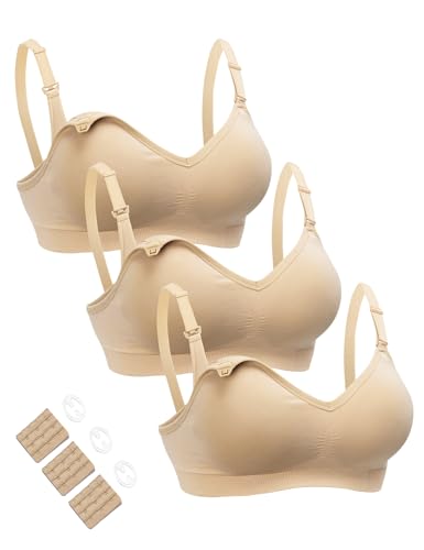 HOFISH Maternity Nursing Bras for Breastfeeding, 3 Pack Pregnancy Deep V Neck Wireless Bra with Extenders & Clips - color: 3pcs/Pack(push Up:beige), size: X-Large