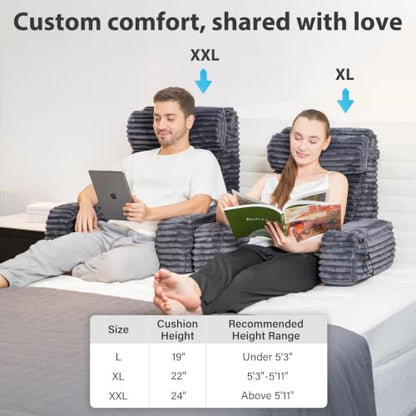 ENITYA 24" XXL Back Pillow for Bed Sitting Up with Armrests & Big Pockets - color: Dark Grey, size: XXL(Above 5'11")