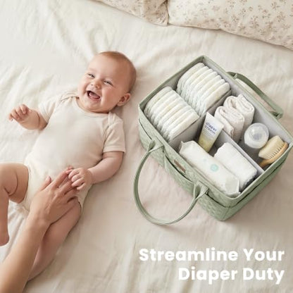 Konssy Baby Diaper Caddy Organizer, Solid Design with PU Leather Handles - color: Fog Green