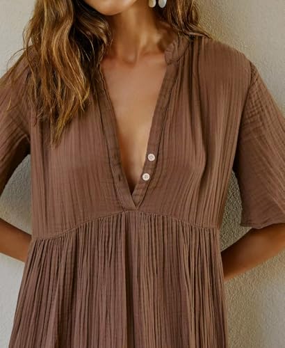 R.Vivimos Womens Summer Cotton Casual Flowy Maxi Dress - color: Brown, size: Small