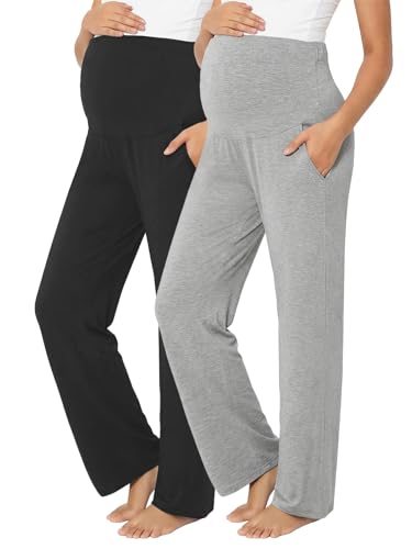 Summer Mae Viscose Maternity Pants Pregnancy Pajama Lounge Pant with Pocket - color: Black/Light Grey, size: Medium