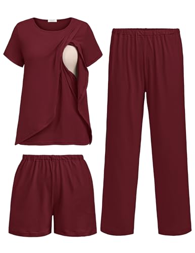 Ekouaer 3 PCS Maternity Nursing Pajamas Set Postpartum Breastfeeding PJS - color: Wine Red, size: Medium