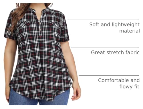 MONNURO Womens Plus Size Tops Button Down Tunic Plaid Shirts Casual Blouses - color: Black, size: 2X