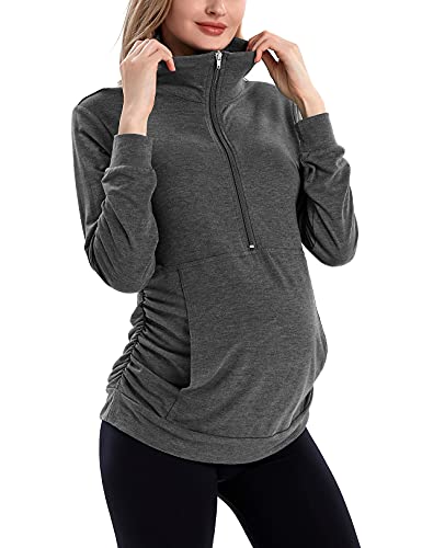 GINKANA Maternity Women's Long Sleeve Shirt Half Zipper Lapel Lightweight Casual Maternity Pullover with Pockets - color: Deep Grey, size: Small